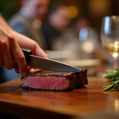 Chef slicing perfectly grilled steak at tableside