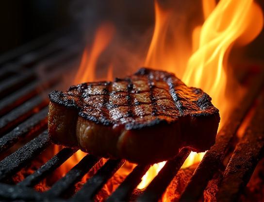 Flame-licked Tomahawk steak on grill