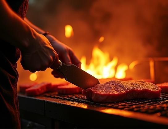 Grillmaster searing meat with precision tools
